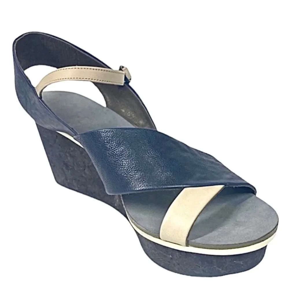 Coclico Guya Women’s Blue Leather Wedge Sandals Made in Spain 10.5 M